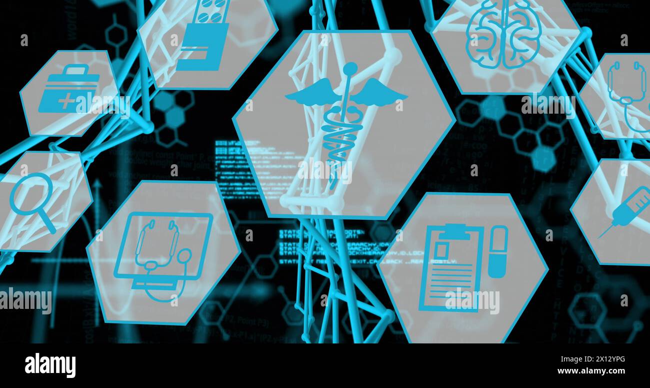 Bild der Datenverarbeitung und medizinischen Symbole über chemischer Formel Stockfoto