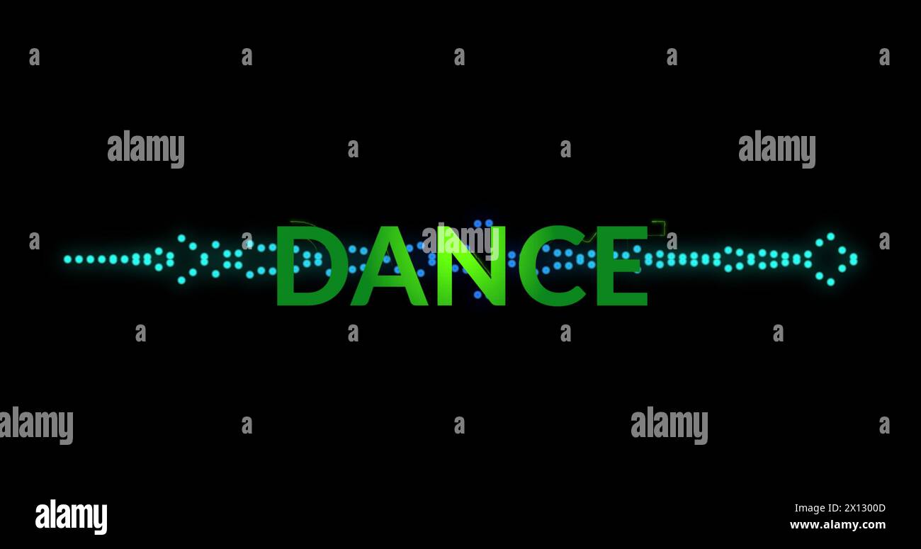 Bild des Tanztextes über Equalizer auf schwarzem Hintergrund Stockfoto