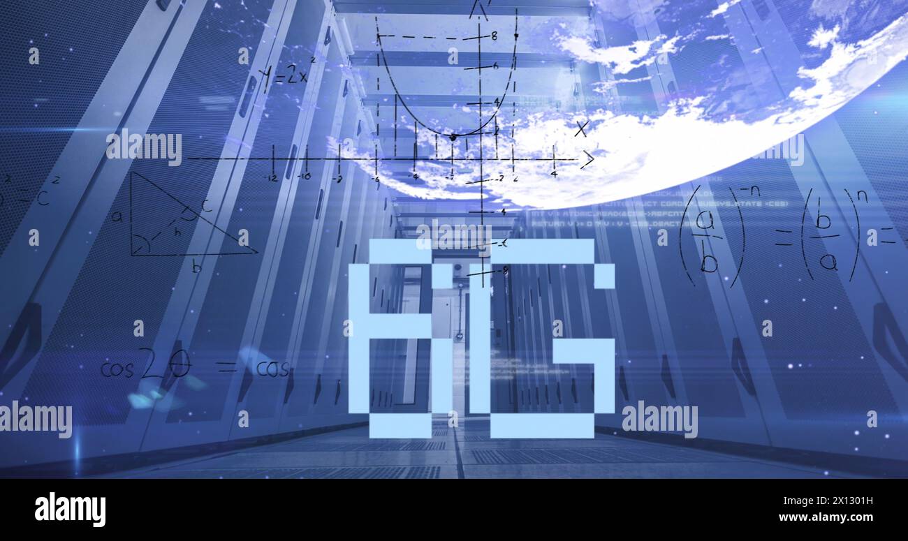 Abbildung: 6g-Text und mathematische Berechnungen über dem Computerserverraum Stockfoto