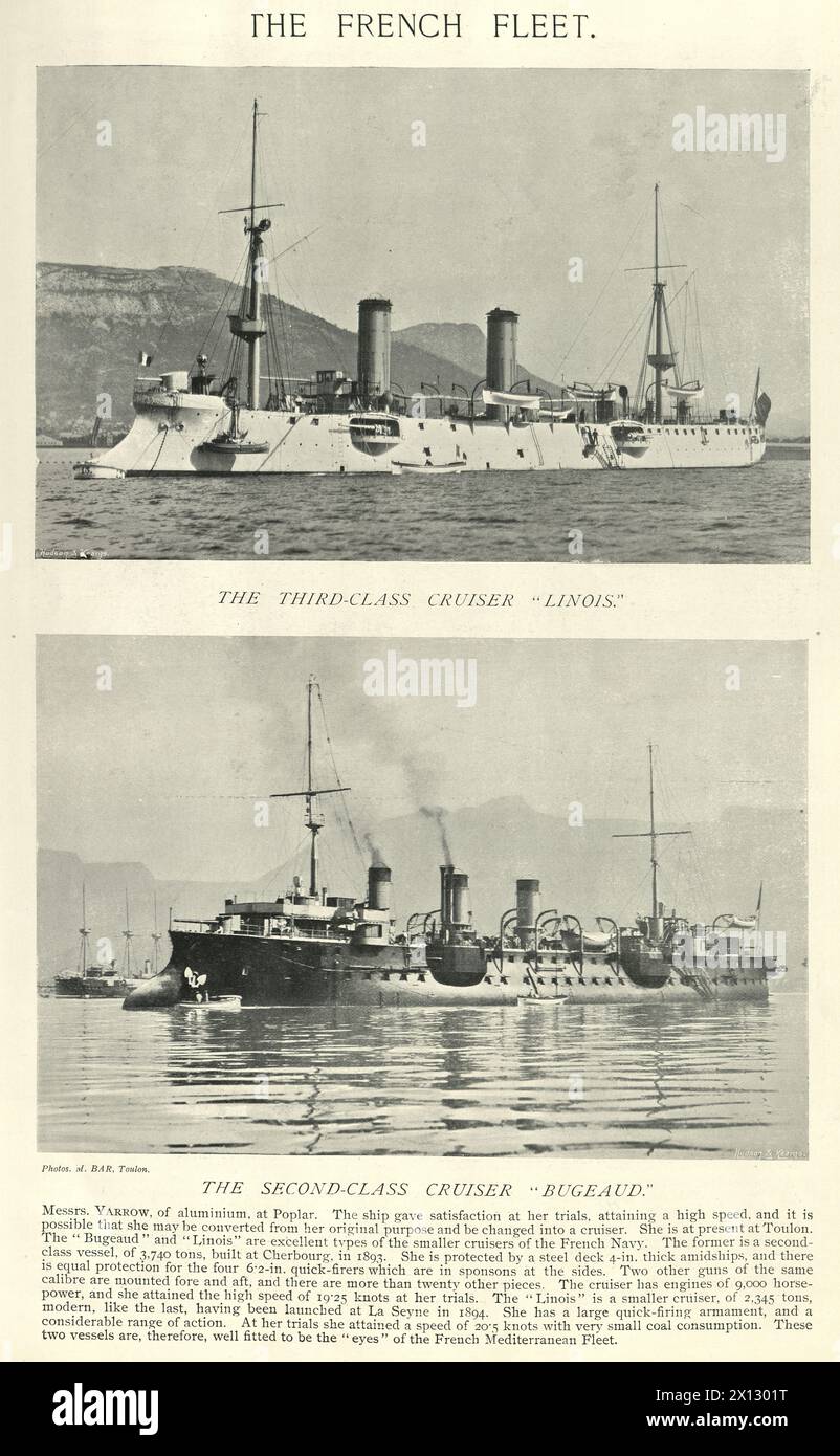 Vintage-Bild der französischen Marinekriegsschiffe, Kreuzer Lionois und Bugeaud, Marinekriegsgeschichte, 19. Jahrhundert 1890er Stockfoto