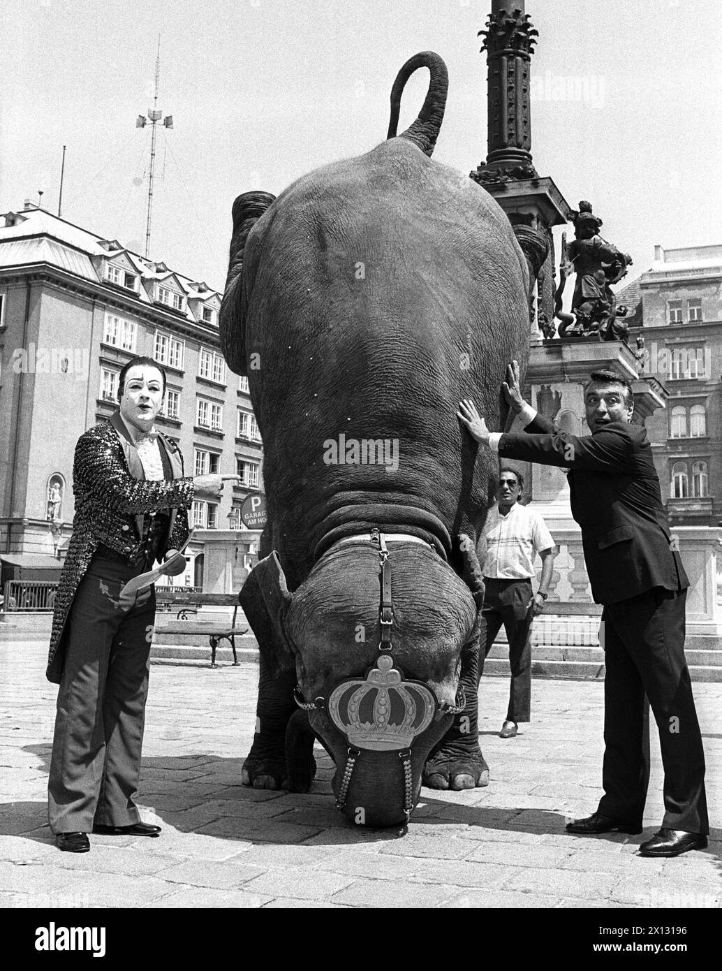 Das Foto wurde am 13. Juni 1987 anlässlich der Begrüßungsübergabe des Münchner Bürgermeisters Georg Kronawitter an Wiens Bürgermeister Helmut Zilk durch Clowns des Zirkus 'Krone' aufgenommen und zeigt elefant 'Bara' beim Handstand für Zilk. - 19870613 PD0002 - Rechteinfo: Rechte verwaltet (RM) Stockfoto