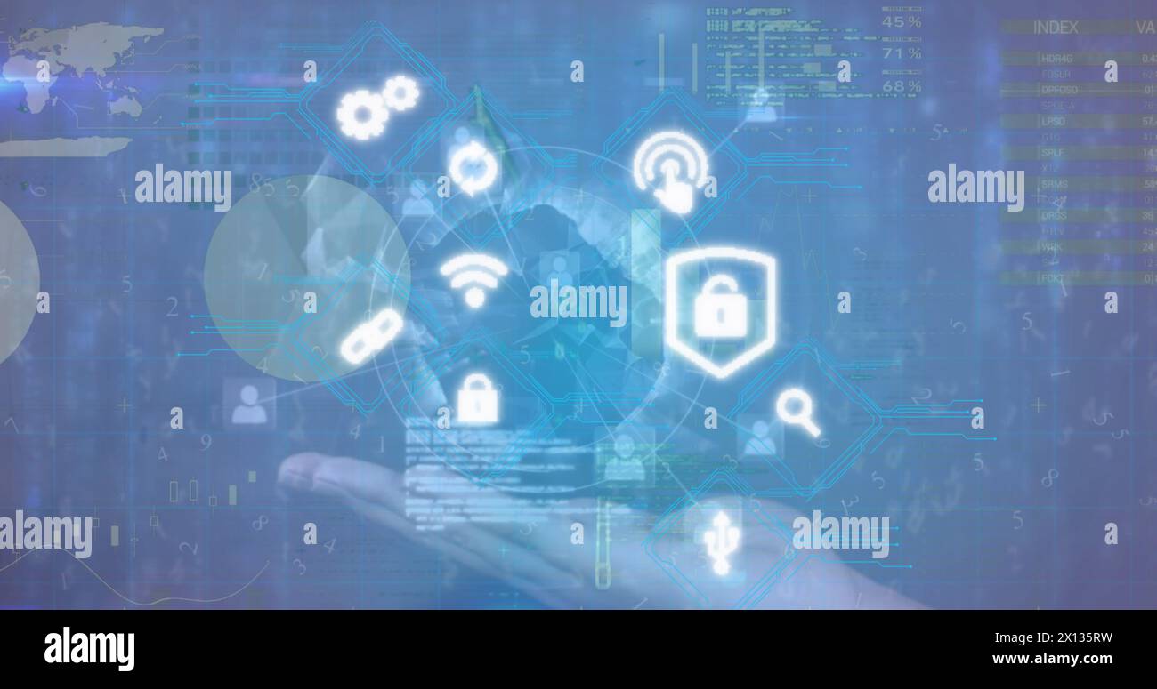 Bild eines sich drehenden Globus über der Hand vor Datenverarbeitung und digitalen Symbolen Stockfoto