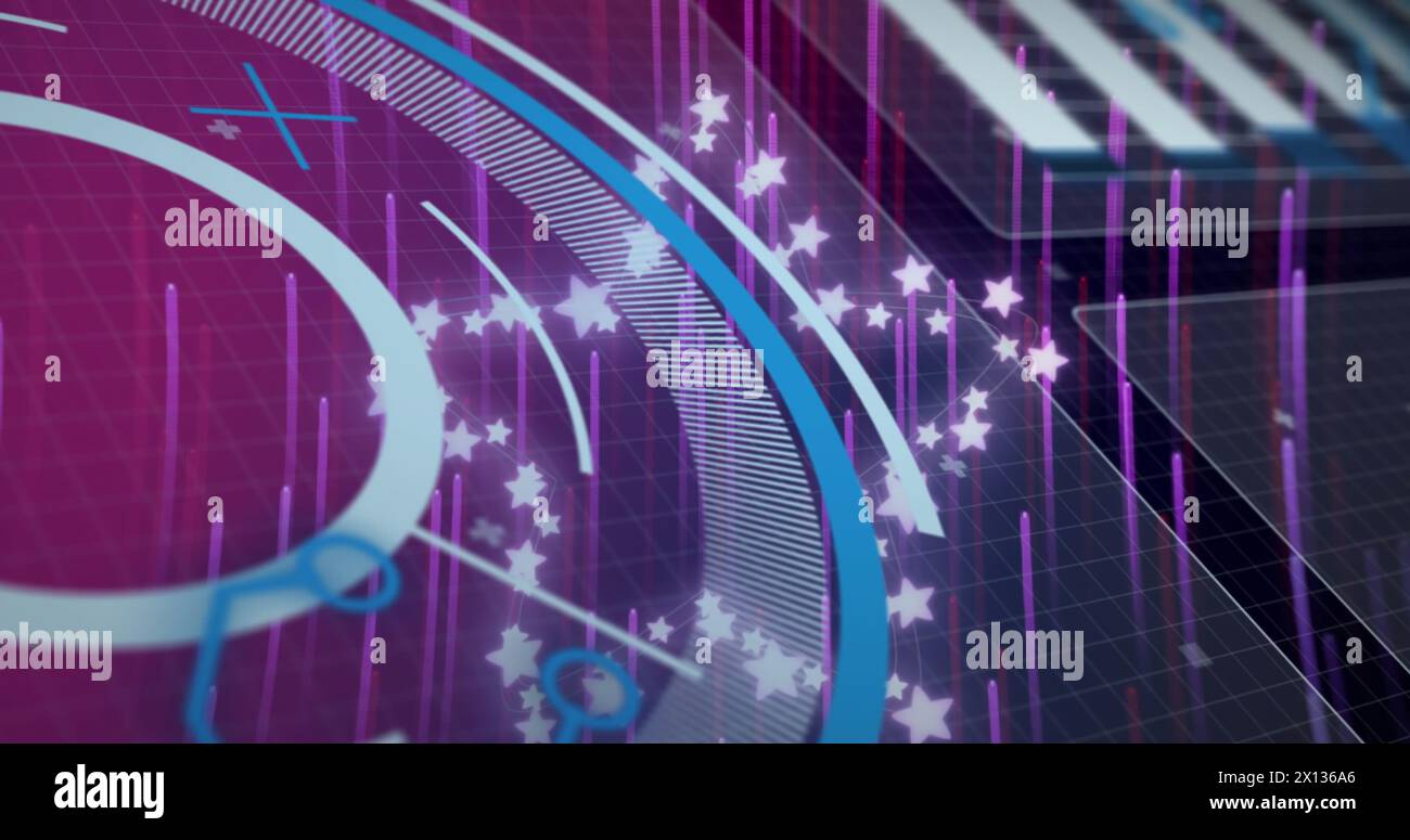 Bild der Datenverarbeitung und Sterne über Lichtspuren auf violettem Hintergrund Stockfoto