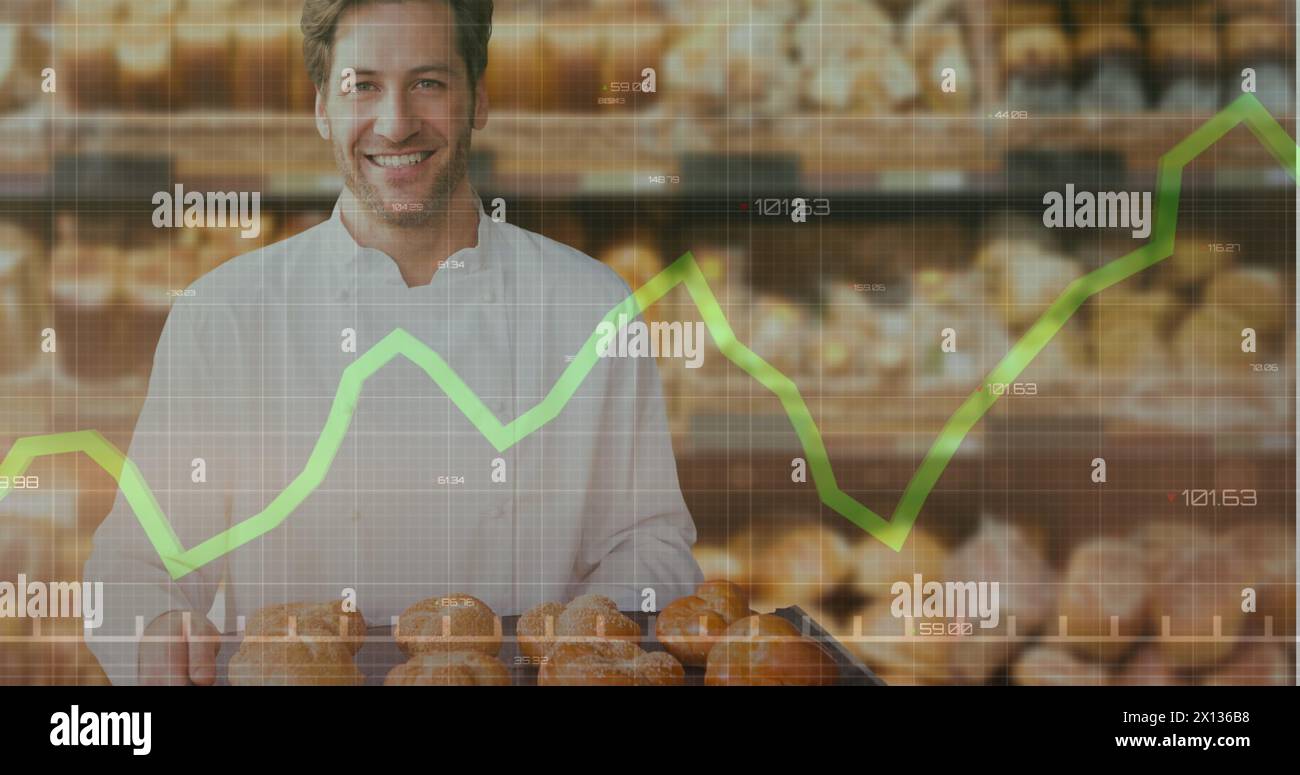 Bild von Finanzdaten und Grafiken über glücklichen kaukasischen Bäckern Stockfoto
