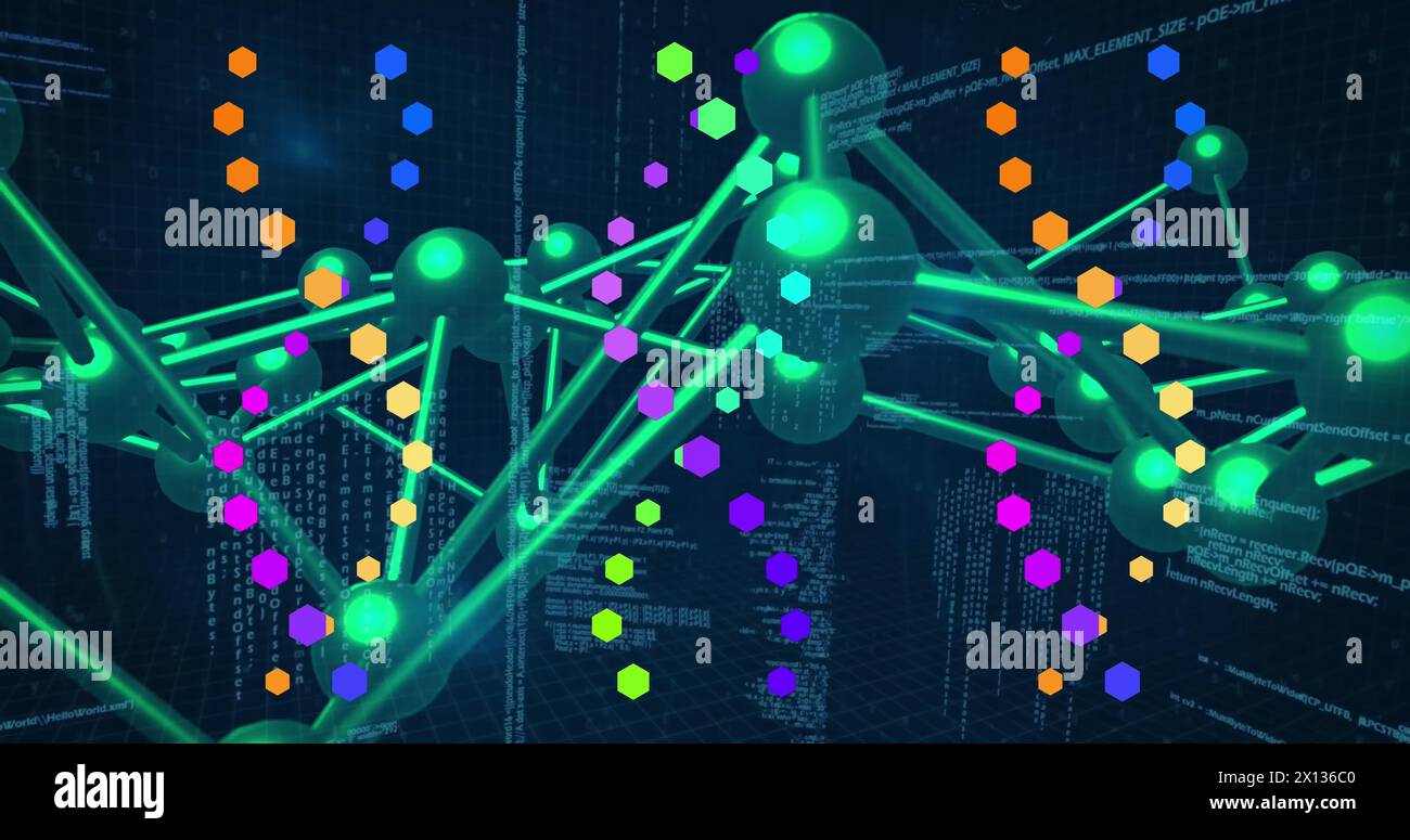 Bild der Datenverarbeitung über dna-Strängen und -Formen Stockfoto
