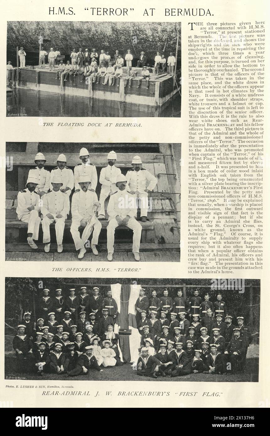 Vintage-Bild der HMS Terror auf Bermuda, Kriegsschiff der Royal Navy, Floating Dock, Offiziere, Konteradmiral J W Brackenbury, Militärgeschichte, 1890er, 19. Jahrhundert Stockfoto