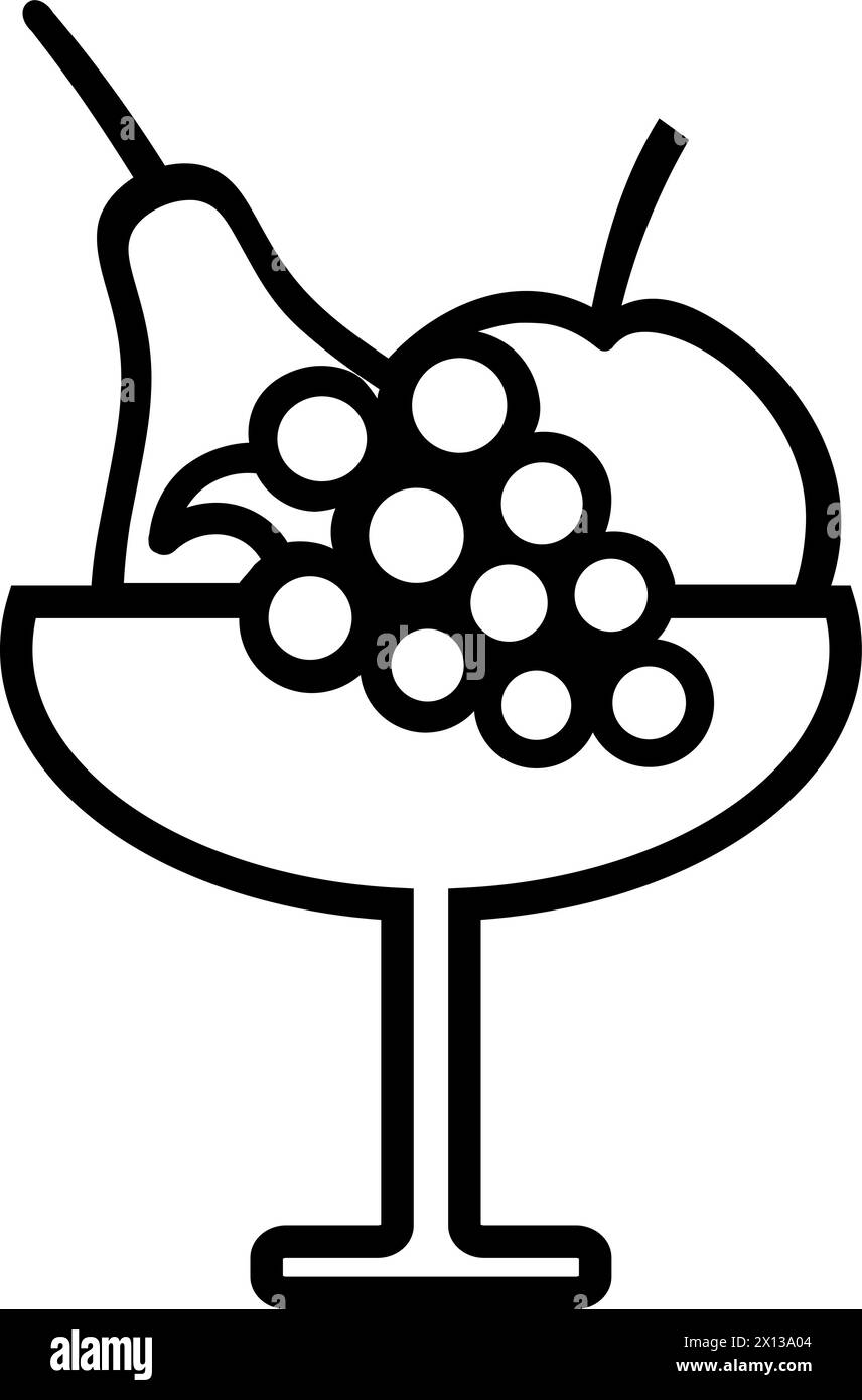 Hohe Vase auf dünnem Stiel gefüllt mit frischen Früchten und Beeren, Symbol für Geburtstagsfeier. Konturierung festlicher Früchte für die Gestaltung des Kinderpartyzentrums. Sim Stock Vektor