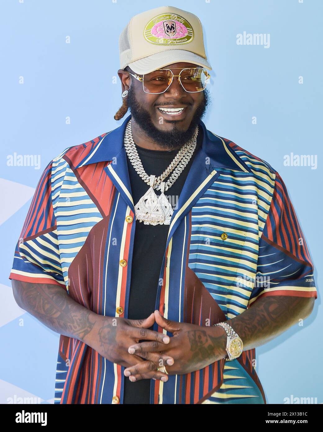 PALM SPRINGS, RIVERSIDE COUNTY, KALIFORNIEN, USA - 13. APRIL: T-Pain kommt beim 7. jährlichen REVOLVE Festival 2024 während des Coachella Valley Music and Arts Festivals 2024 - Wochenende 1 - Tag 2, das am 13. April 2024 im Parker Palm Springs Hotel in Palm Springs, Riverside County, Kalifornien, USA stattfindet. (Foto von Image Press Agency) Stockfoto