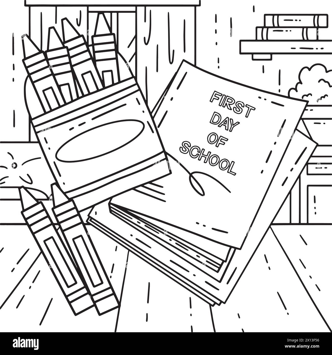 Coloring für Stifte und Notizbücher am ersten Schultag Stock Vektor