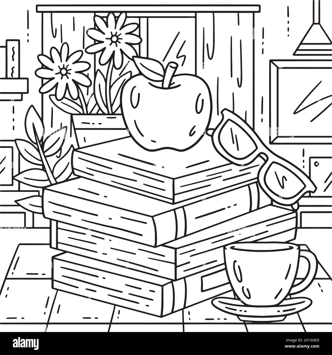 Schulbücher am ersten Schultag und Apple Coloring Stock Vektor