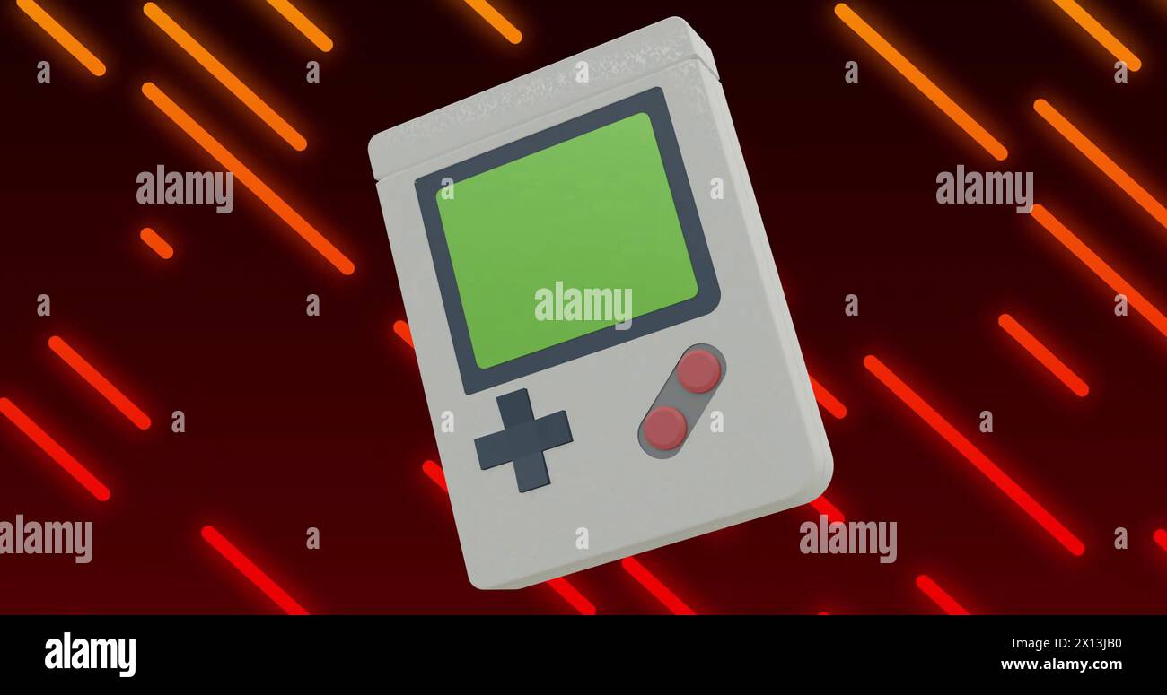 Bild eines rotierenden Retro-Handheld-Spielgeräts über diagonalen roten Neonlinien auf schwarzem Hintergrund Stockfoto