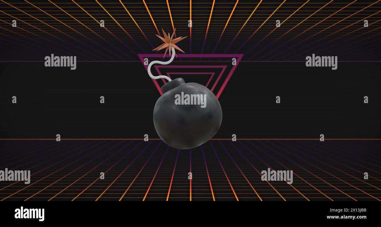 Bild des Symbols der 3D-Bombe, das sich über Neonlinien und Dreieck auf schwarzem Hintergrund dreht Stockfoto