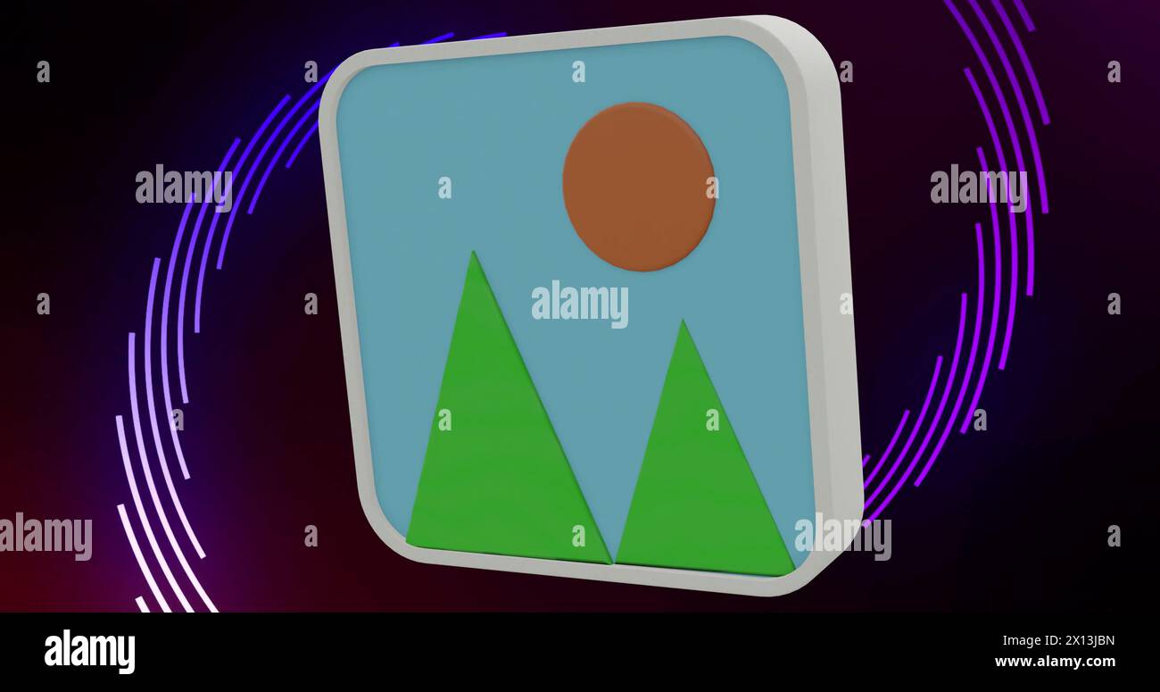 Bild von Symbolen im 3D-Bildformat, die sich über eine violette Spirale auf schwarzem Hintergrund drehen Stockfoto