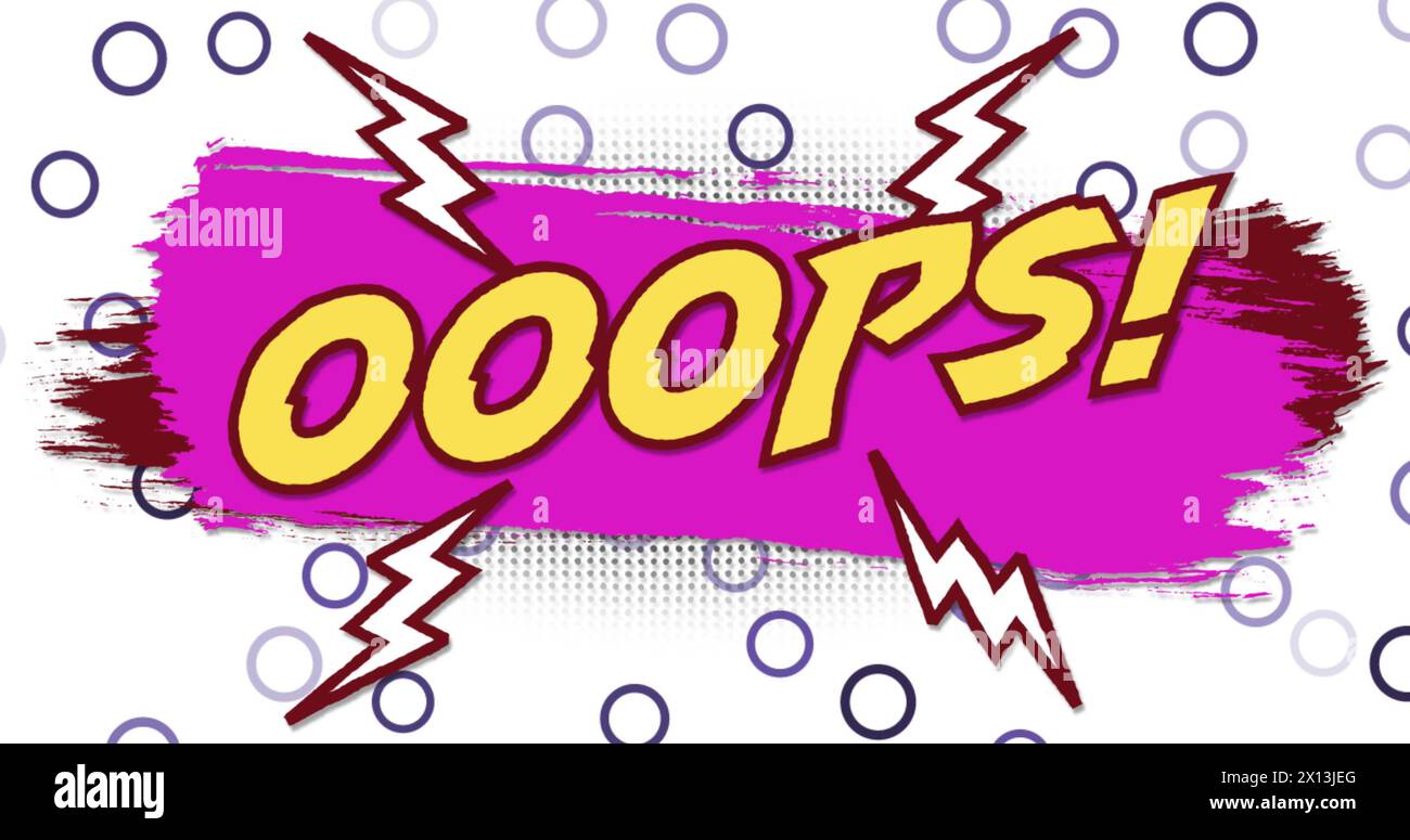 Bild des Oops-Textes auf rosafarbenem Farbstrich über Kreise auf weißem Hintergrund Stockfoto