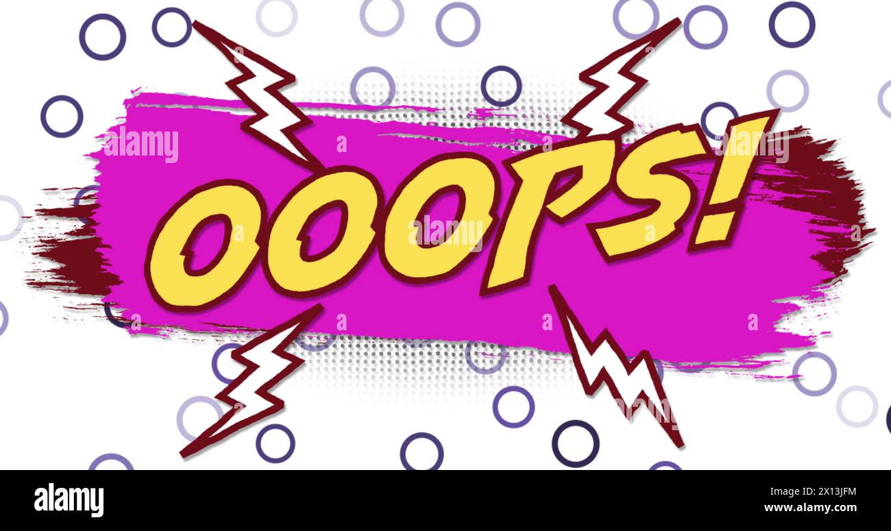 Bild des Oops-Textes auf rosafarbenem Farbstrich über Kreise auf weißem Hintergrund Stockfoto
