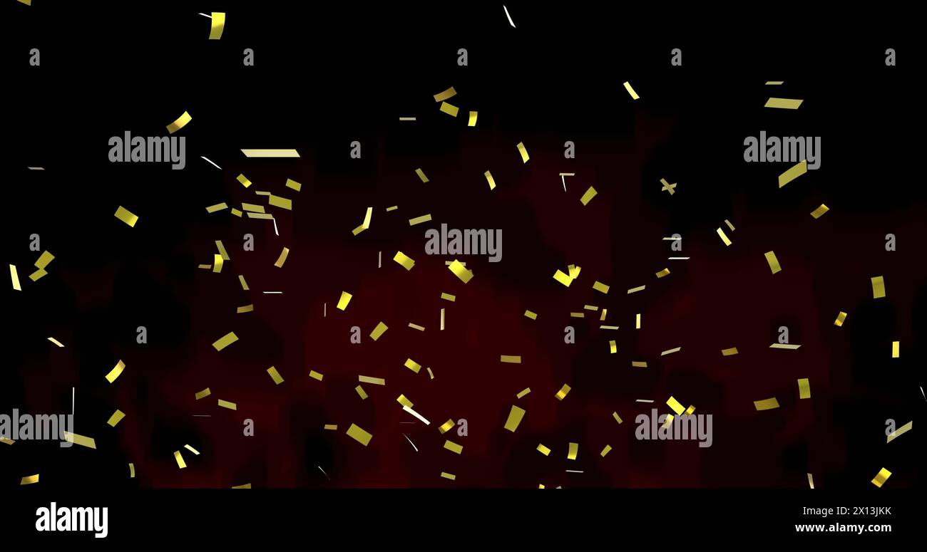 Bild von goldenem Konfetti, das über rotem und schwarzem Hintergrund schwebt Stockfoto