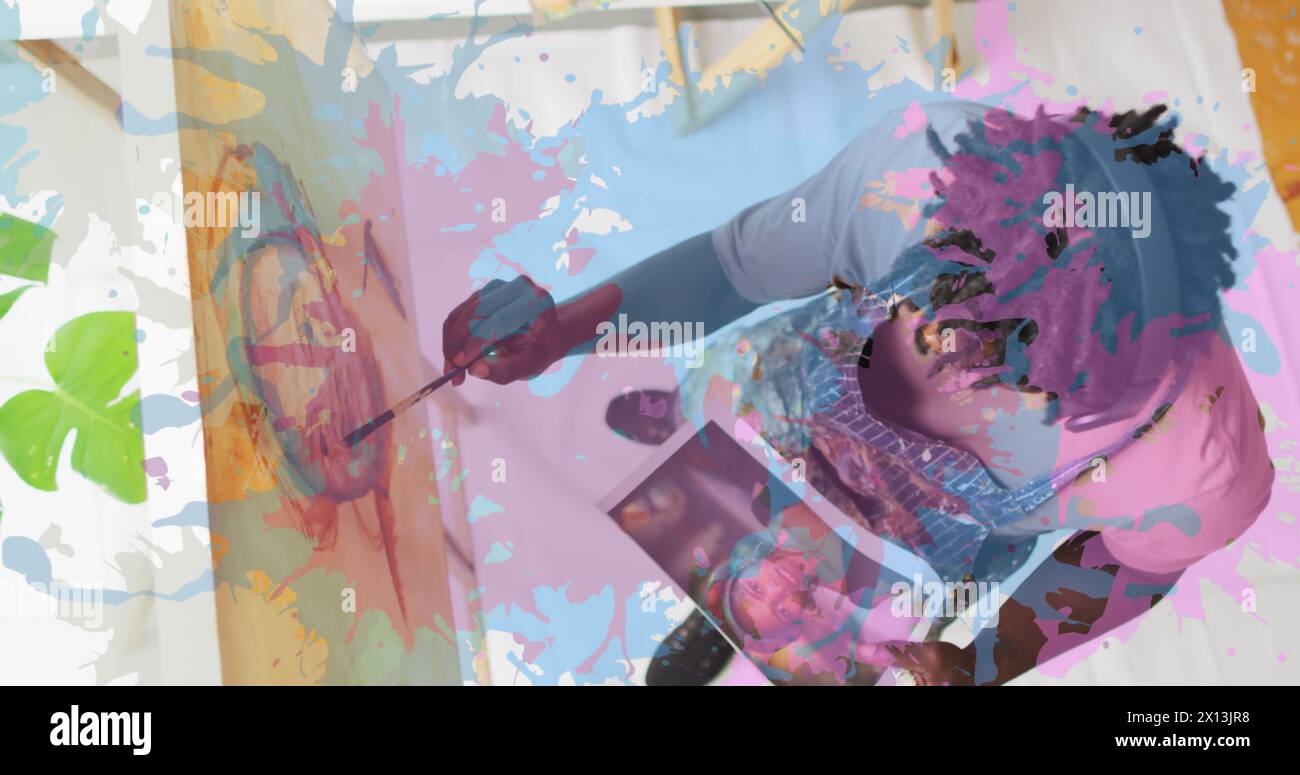 Bild von rosa und blauer Farbe über Bild des Künstlers Stockfoto