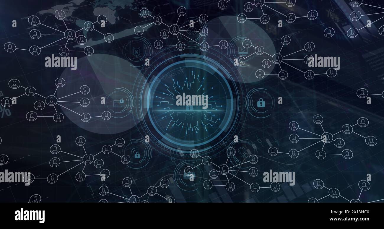 Abbildung des Netzwerks von Verbindungen über Symbole und Datenverarbeitung Stockfoto