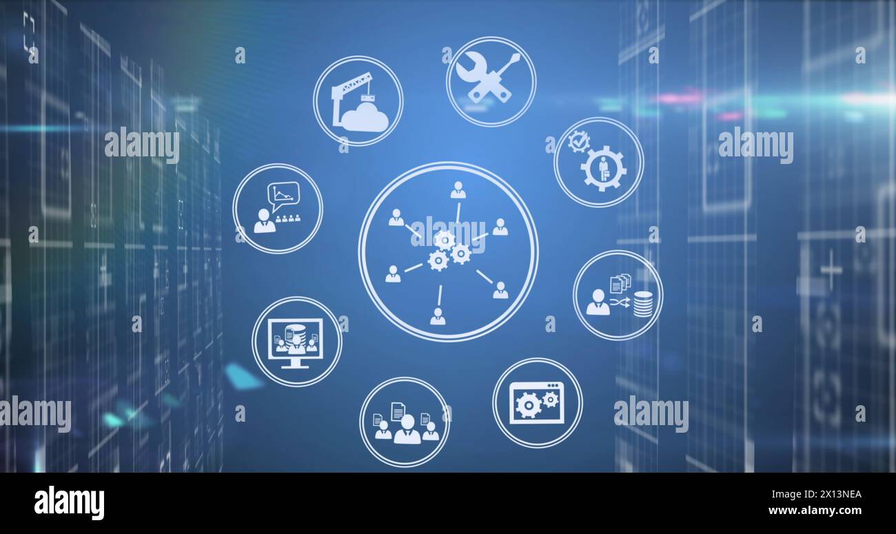 Bild der Datenverarbeitung und Symbole über dem Serverraum Stockfoto