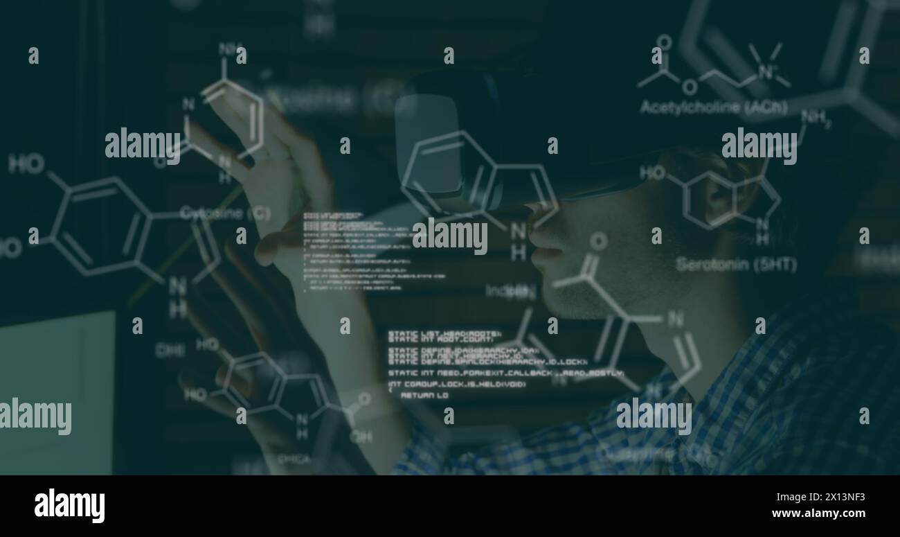 Bild chemischer Strukturen und Datenverarbeitung über kaukasier mit vr-Headset Stockfoto