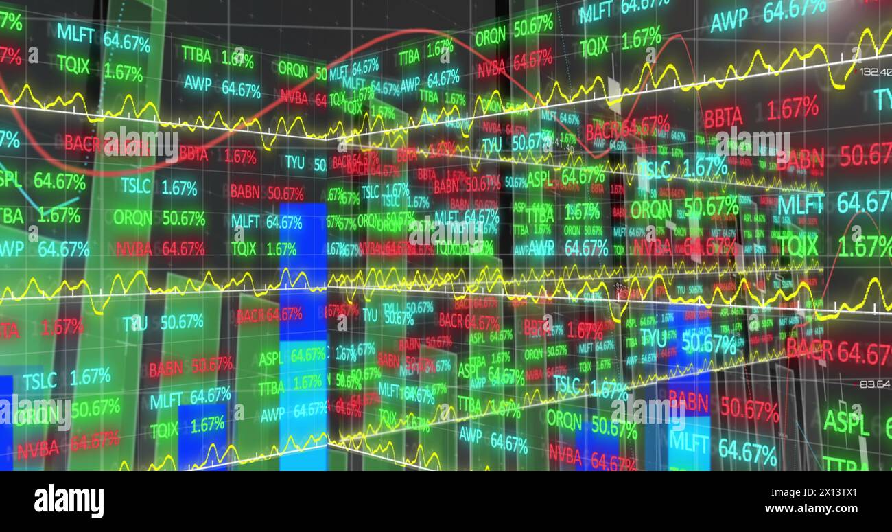 Bild der Börse und der Verarbeitung statistischer Daten auf der Weltkarte vor grauem Hintergrund Stockfoto