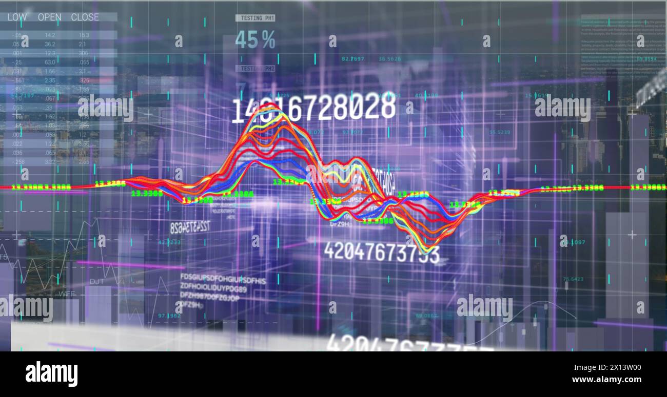 Diagramm mit blauen Blöcken und wechselnden Zahlen auf schwarzem Hintergrund das Bild von f Stockfoto