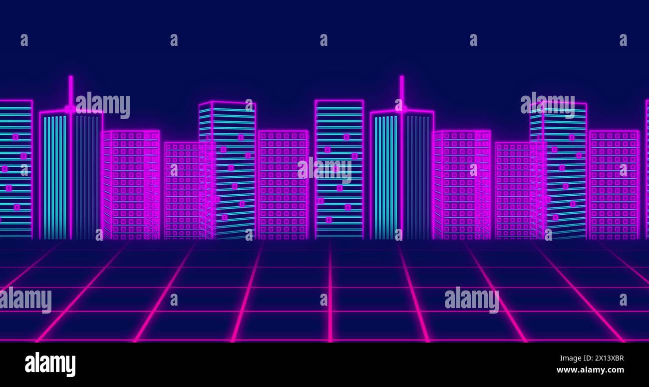 Bild der Verarbeitung von Finanzdaten über digitale Stadt auf schwarzem Hintergrund Stockfoto