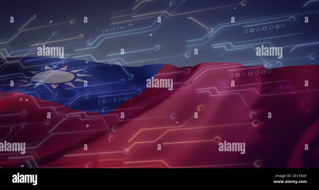 Abbildung der Leiterplatte und Datenverarbeitung über der Flagge taiwans Stockfoto