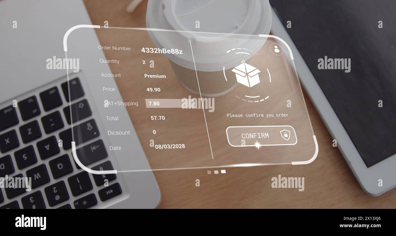 Abbildung: Digitale Schnittstelle mit Datenverarbeitung über Schreibtisch mit Laptop und Tablet Stockfoto