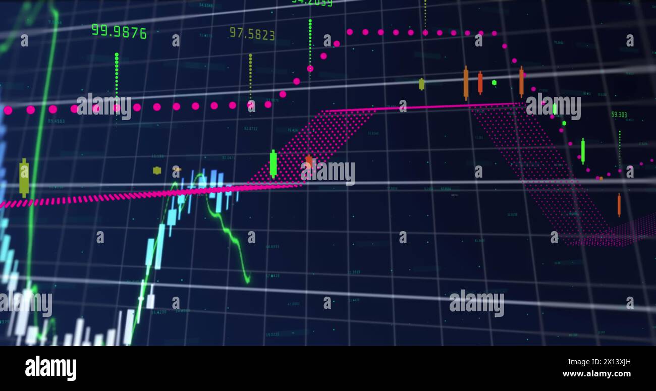 Eine Reihe von Diagrammen mit steigenden Zahlen wird vor einem abstrakten Hintergrund angezeigt Stockfoto