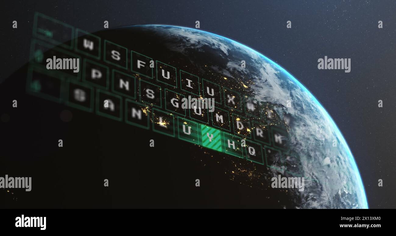 Bild des beleuchteten Musters, das sich auf Buchstaben der Tastatur bewegt, Globus vor abstraktem Hintergrund Stockfoto