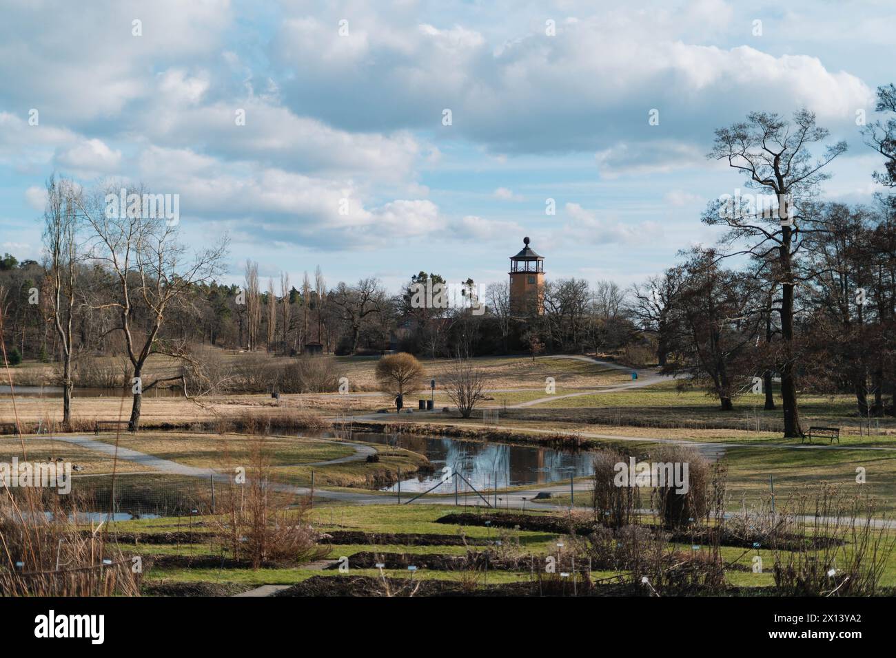 Ein wunderschöner botanischer Garten im Frühling in Schweden, Stockholm. Foto auf einem Spaziergang. Stockfoto