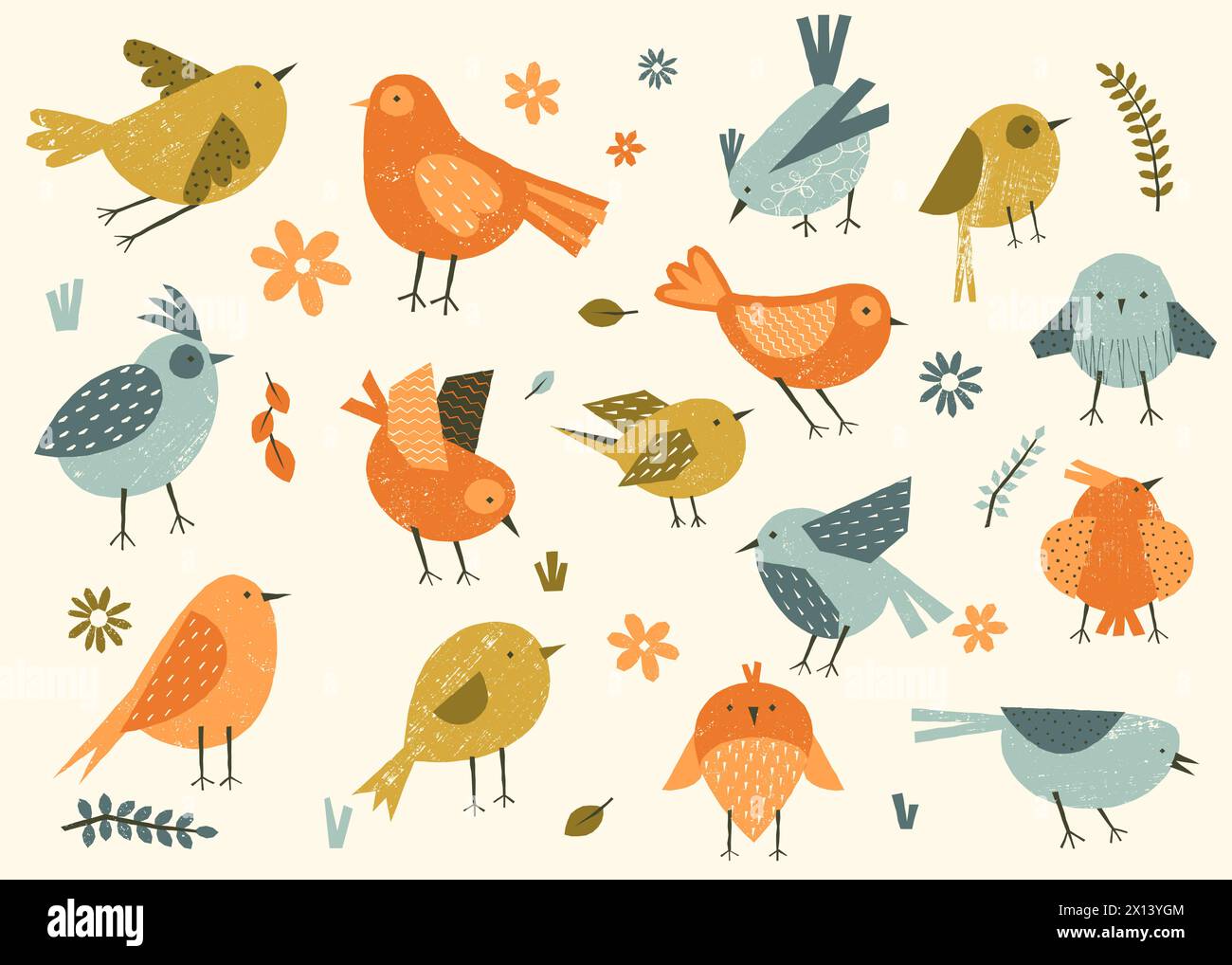 Niedliche Vögel mit Blumenelementen. Zeichentrickfilm farbenfrohe Frühlings- und Sommerfiguren, fröhliche bunte fliegende Tiere mit Blumen. Vektor-isolierter Satz Stock Vektor