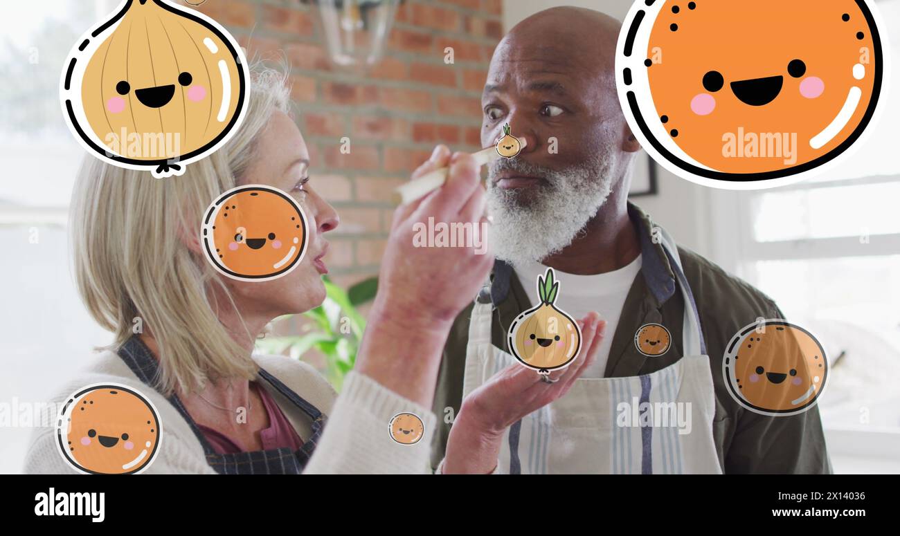 Bild von Ikonen über verschiedene Paare, die zusammen kochen Stockfoto