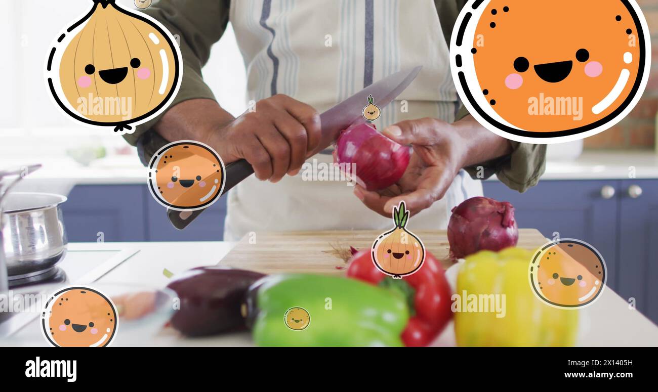 Bild von Ikonen über dem afroamerikaner, der Gemüse schneidet Stockfoto