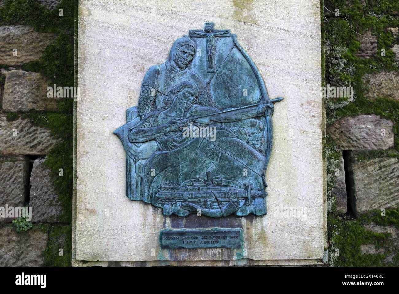 Tafel für Robin Hood vor Nottingham Castle, Nottingham Stadtzentrum, Nottinghamshire, England, Großbritannien Stockfoto