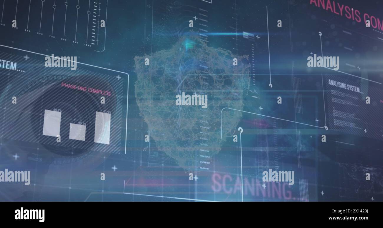 Bild der digitalen Abschirmung über Scannen und Datenverarbeitung auf dem digitalen Bildschirm Stockfoto