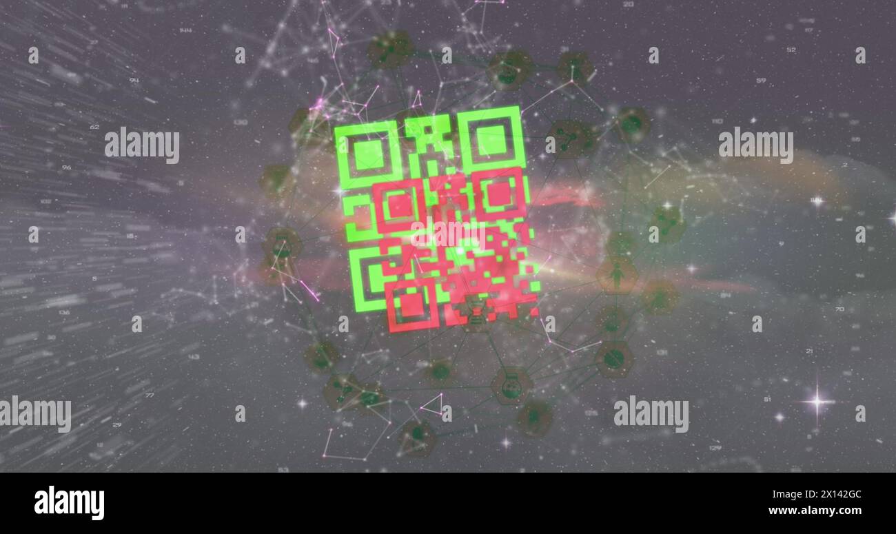 Bild von roten und grünen qr-Codes über Kommunikationsnetzwerken und Lichtern auf dunklem Hintergrund Stockfoto