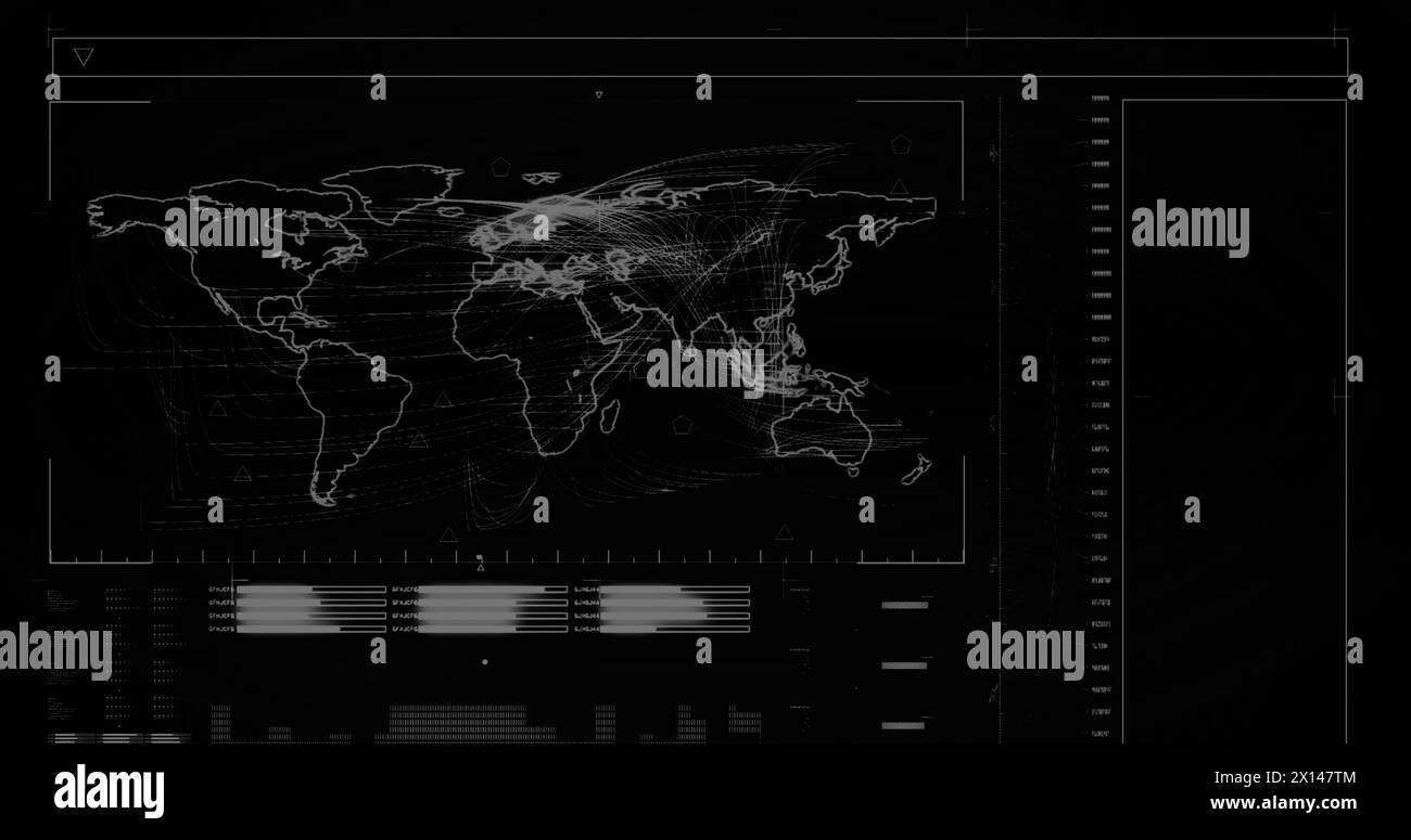 Bild der Weltkarte über Datenverarbeitung. Globales Business und digitales Schnittstellenkonzept digital generiertes Bild. Stockfoto