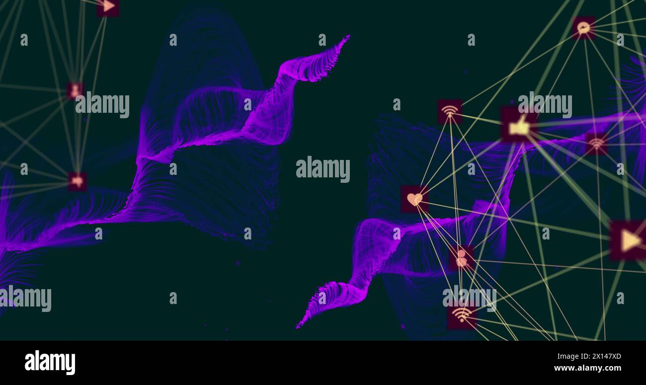 Die Abbildung zeigt ein computergeneriertes Bild von zwei Kugeln, die durch ein Netzwerk aus leuchtenden roten Ziffern verbunden sind Stockfoto