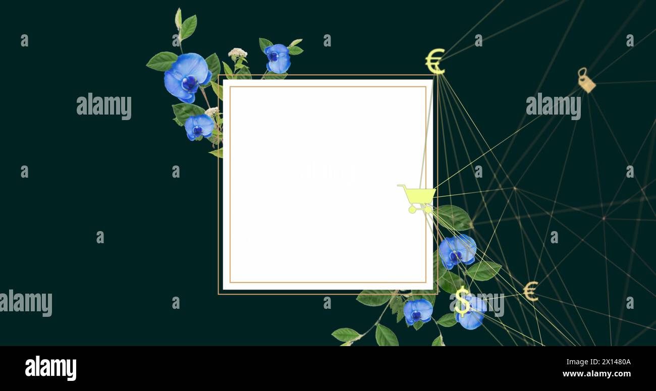 Abbildung des Netzwerks von Verbindungen mit Symbolen über dem Bildschirm mit Blumen Stockfoto