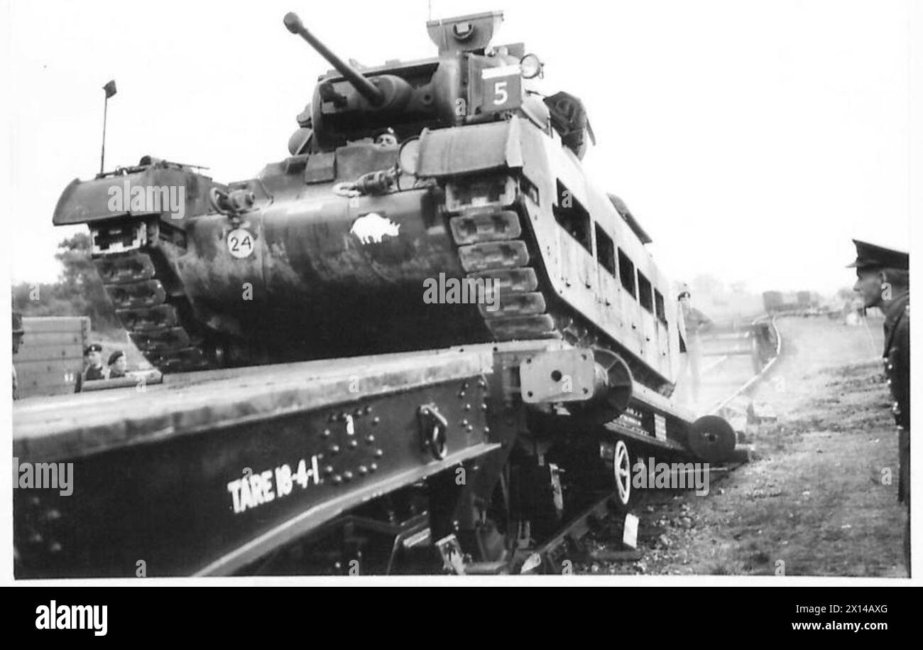 Die Tanks werden mit einem speziellen Schienentanker für den Transport während der Operationen der British Army auf LKWs geladen. Stockfoto