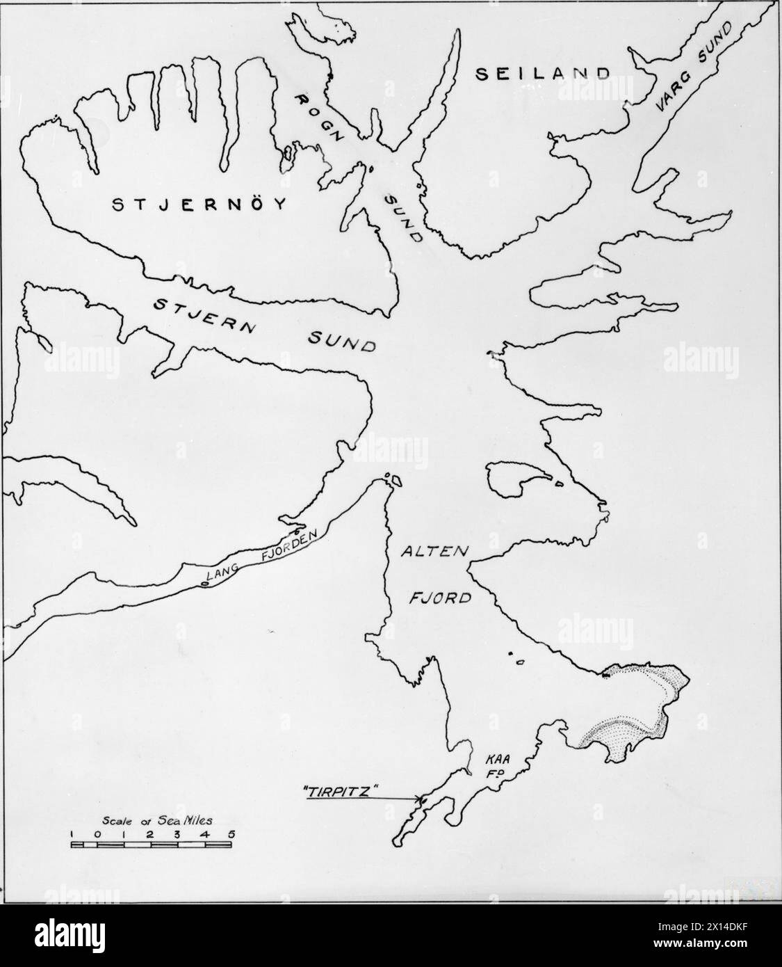 Am 22. September 1943 attackierten britische Zwerg-U-Boote das Schlachtschiff Tirpitz im Alten Fjord, wie in einem offiziellen Admiralitätsskizze dargestellt. Stockfoto