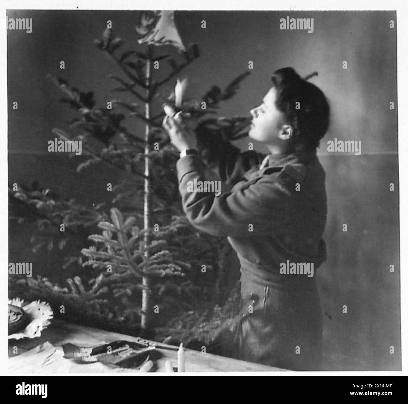 Ein Mitglied des Frauenhilfsdienstes des 2. Polnischen Korps legt am 12. Dezember 1944 während des Dienstes in Italien Kerzen auf einen Weihnachtsbaum. Stockfoto