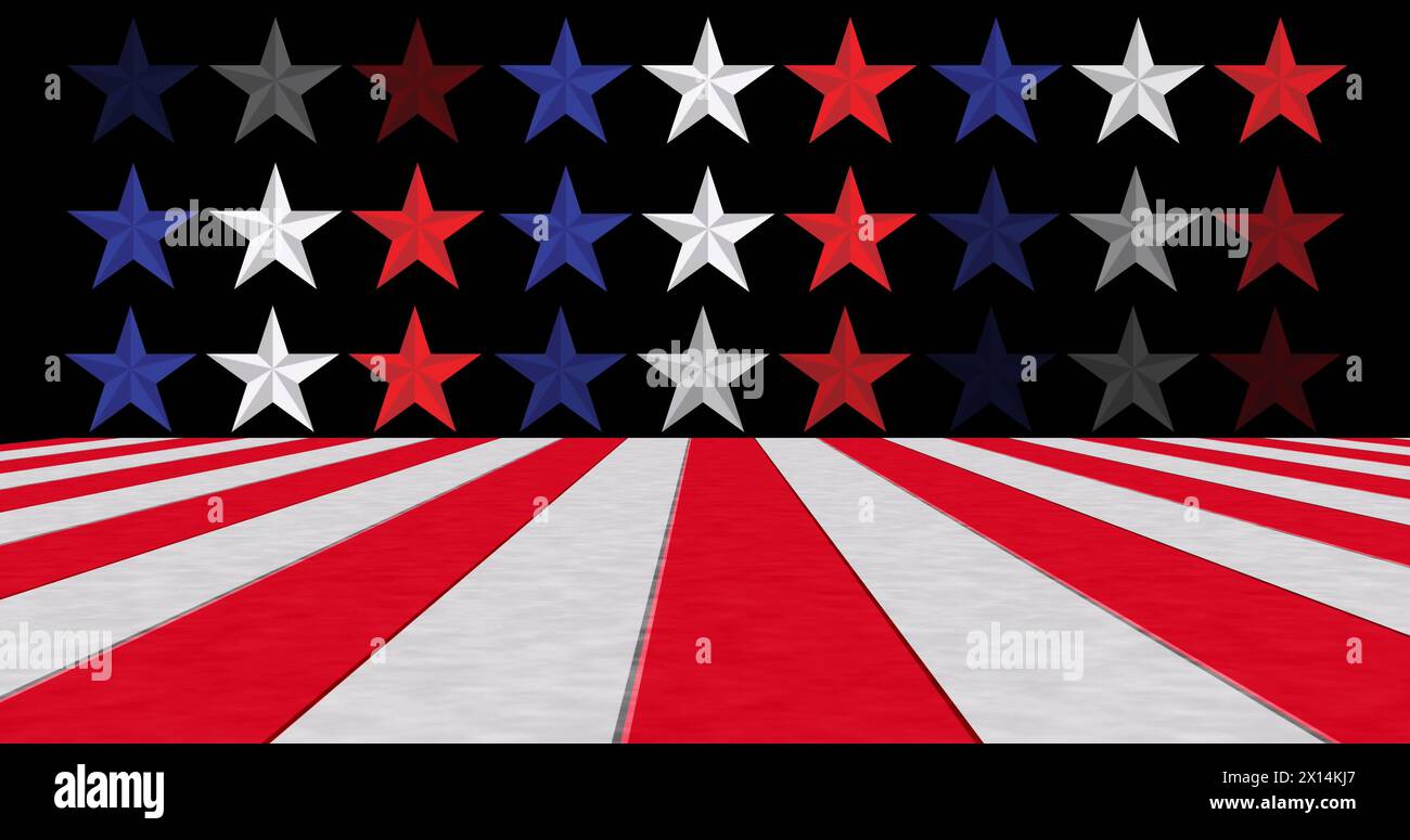 Bild von weißen und roten Streifen und Sternen auf schwarzem Hintergrund Stockfoto