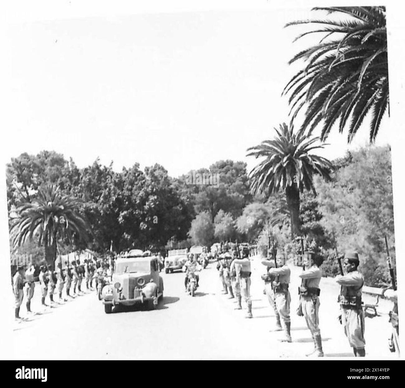 Das königliche Auto, das H.M. the King trägt, passiert französische Truppen, die die Rue Cambetta in Tunis säumen, während der zeremoniellen Operationen der britischen Armee in Nordafrika. Stockfoto