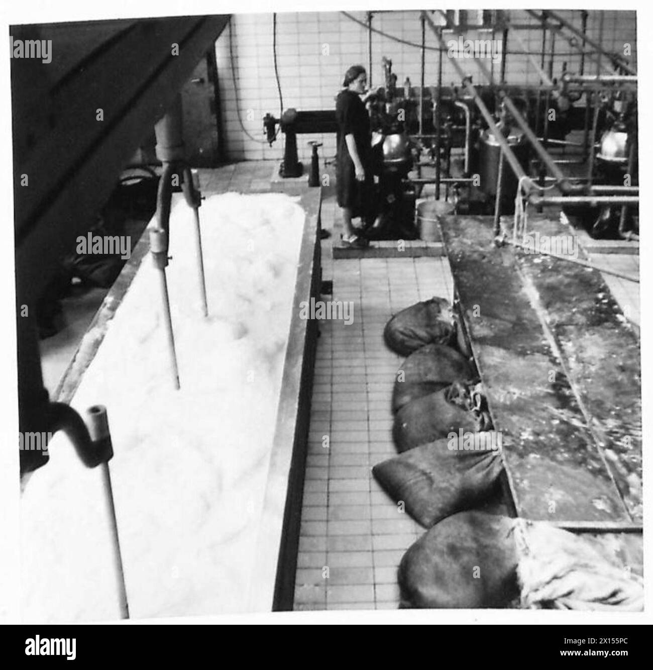 Eine Sterilisationsanlage im Rheingebiet stellt die Lebensmittelproduktion unter Aufsicht der britischen Armee wieder her. Stockfoto