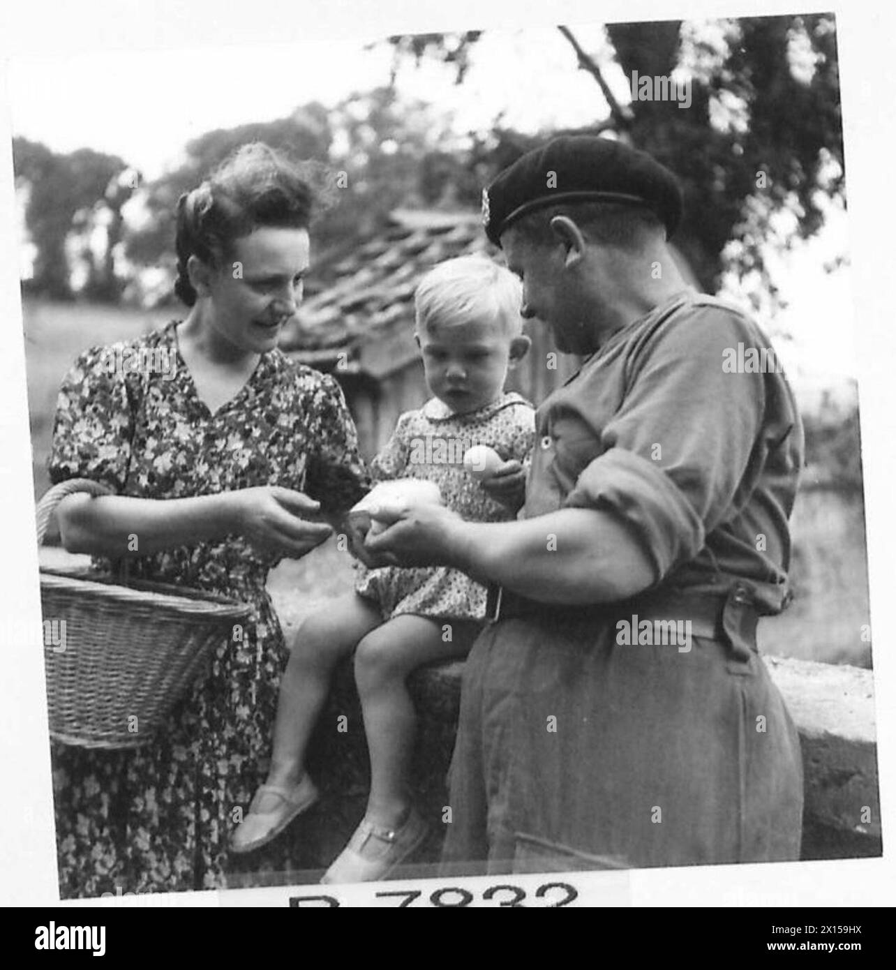 Eine FARM AN VORDERSTER FRONT IN FRANKREICH - Trooper W. Phinps of Hull, tauscht eine Dose mit Bully-Rindfleisch gegen Eier von Mrs. Bekaort und Baby Alan British Army, 21st Army Group Stockfoto