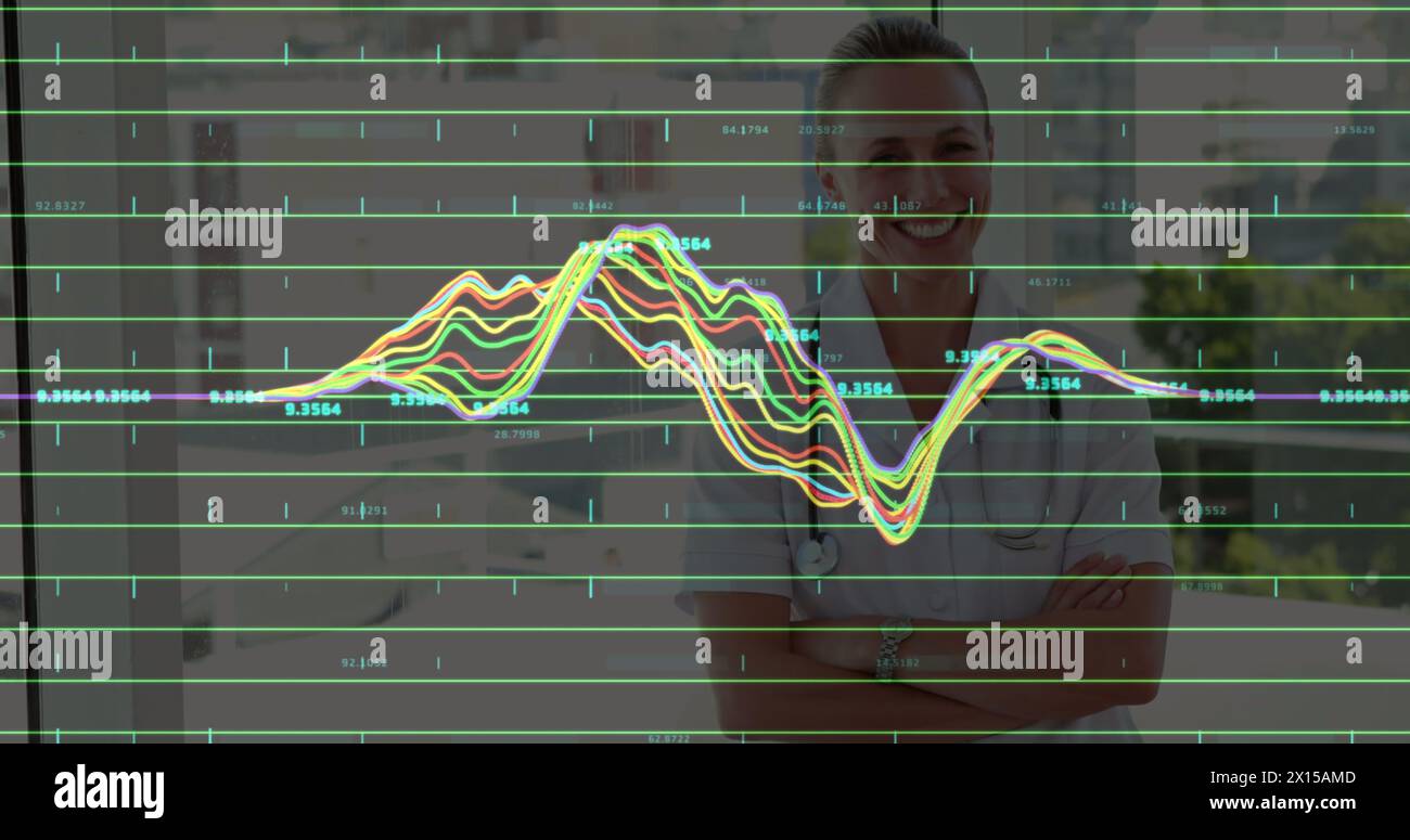 Bild der Finanzdatenverarbeitung über zwei kaukasische Ärztin Stockfoto