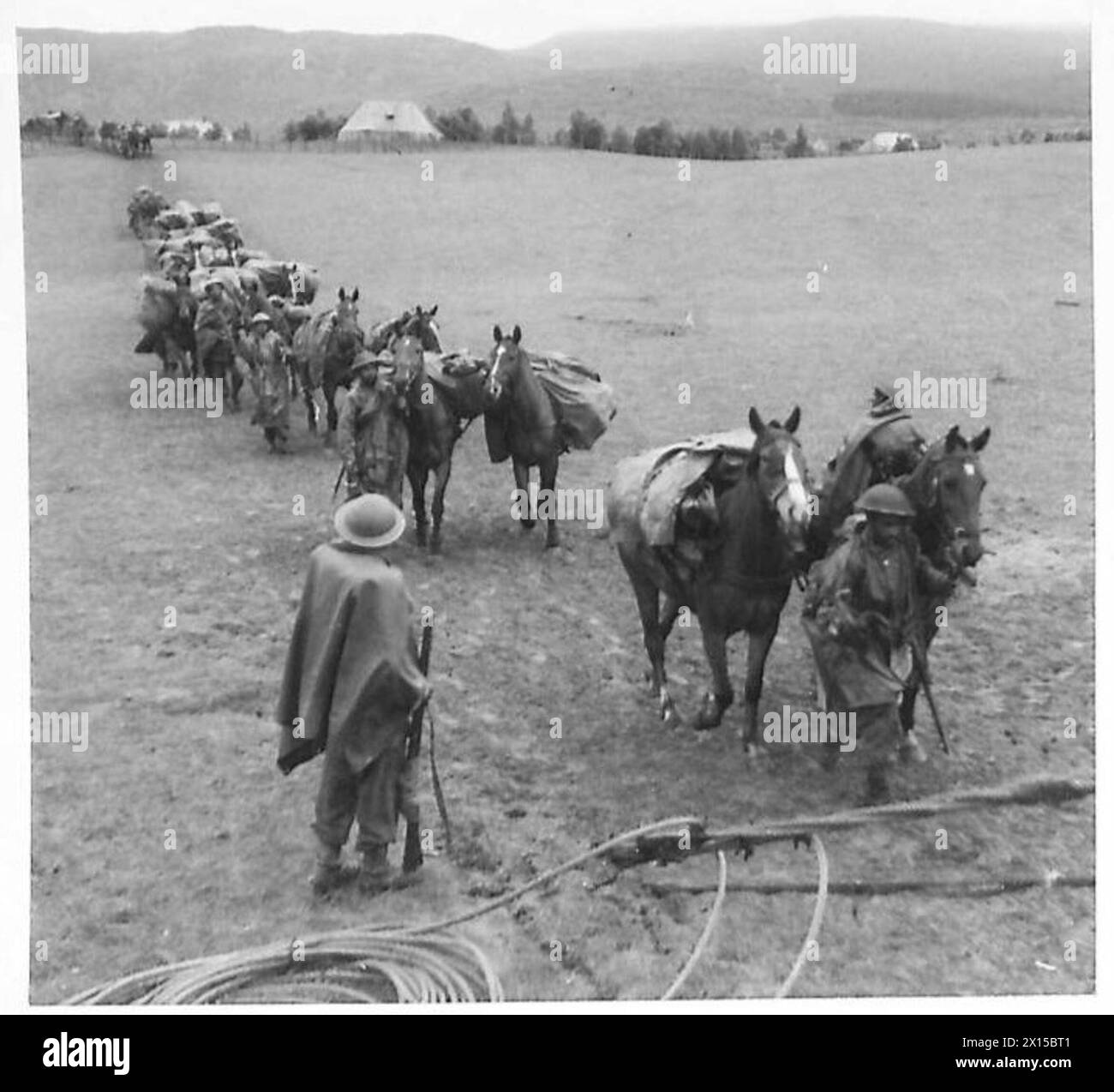 Ein Rudeltier des Royal Indian Army Service Corps zieht über die schottischen Hügel. Stockfoto